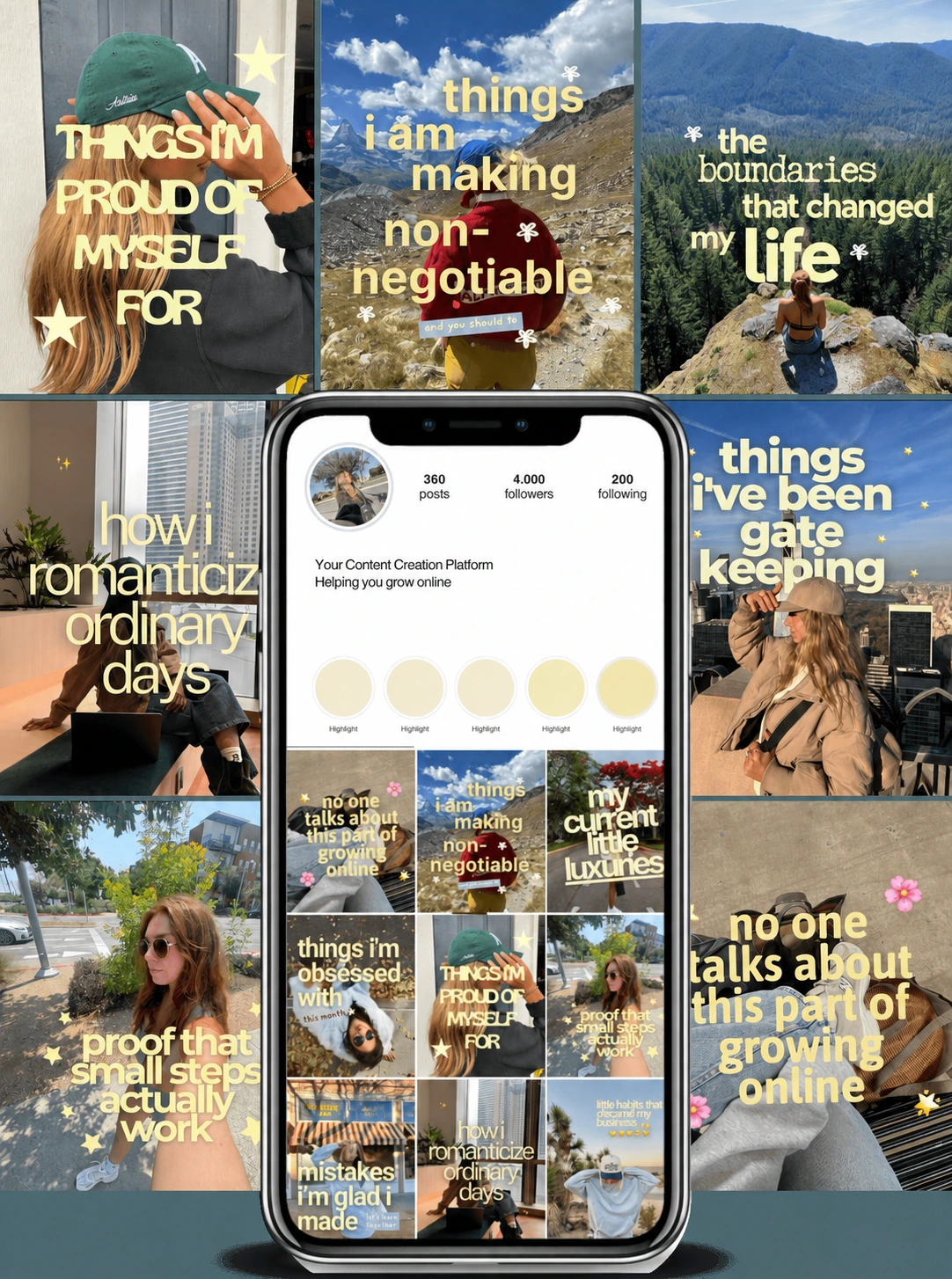 Colección de publicaciones con frases sobre límites, pequeños pasos y rutina, en amarillo sobre fotos de viajes.