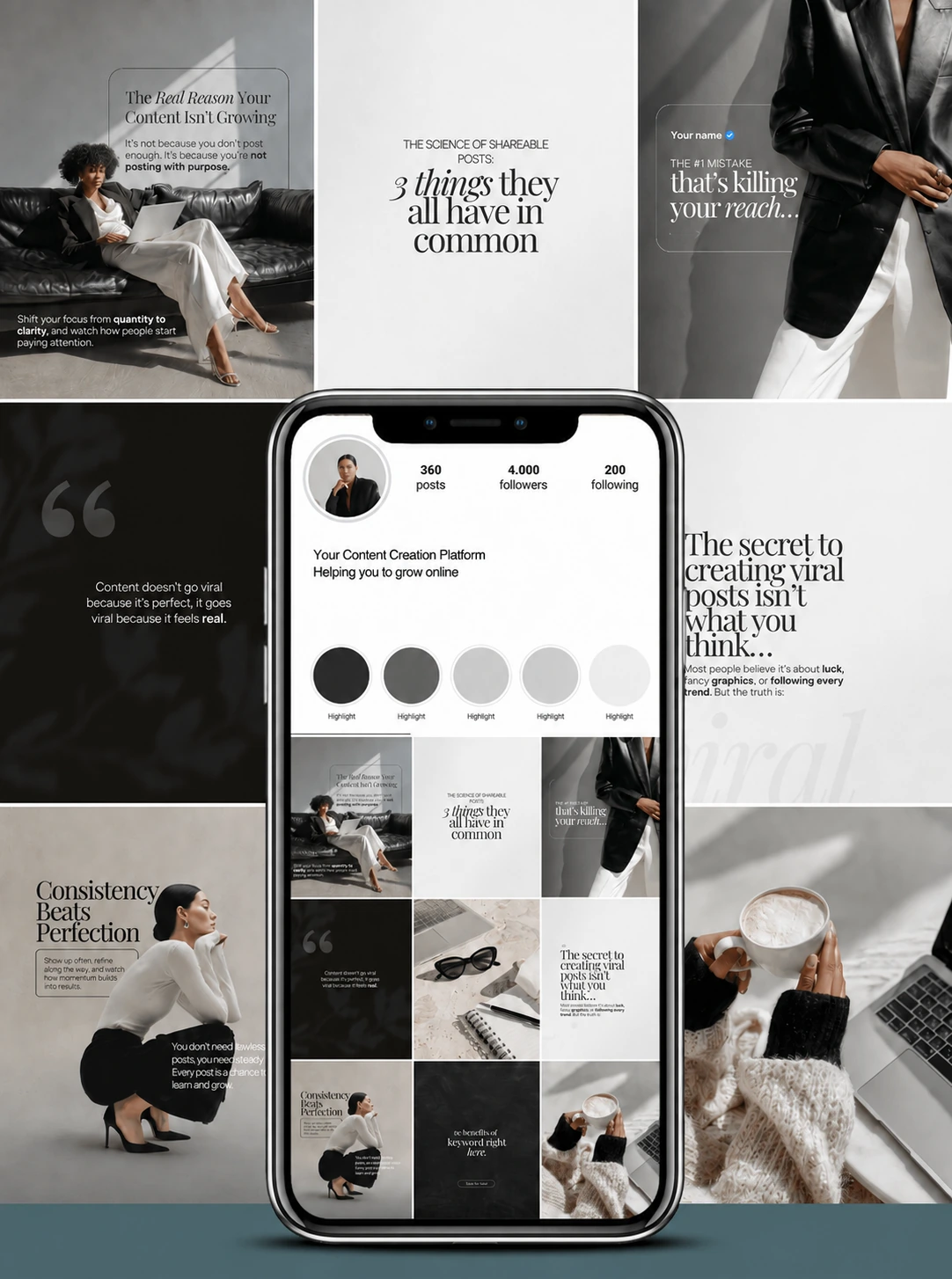 Colección de publicaciones sobre creación de contenido y constancia, con fotografías de mujeres y tipografía en tonos neutros.