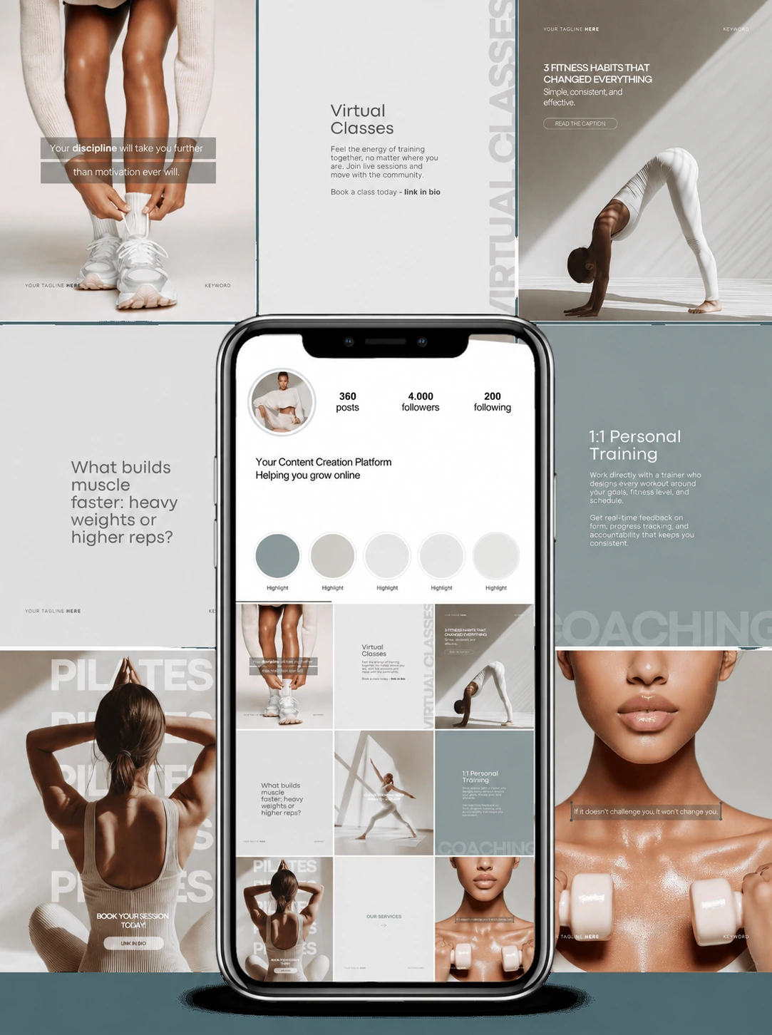 Colección de publicaciones para pilates y entrenamiento, con clases en línea, hábitos de entrenamiento y ejercicios en tonos neutros.