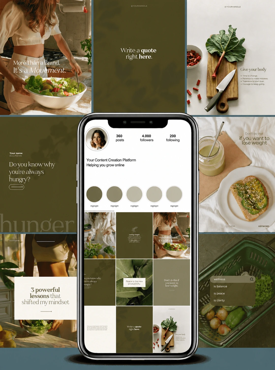 Colección de plantillas sobre alimentación y bienestar, con fotografías de alimentos y tonos verdes.