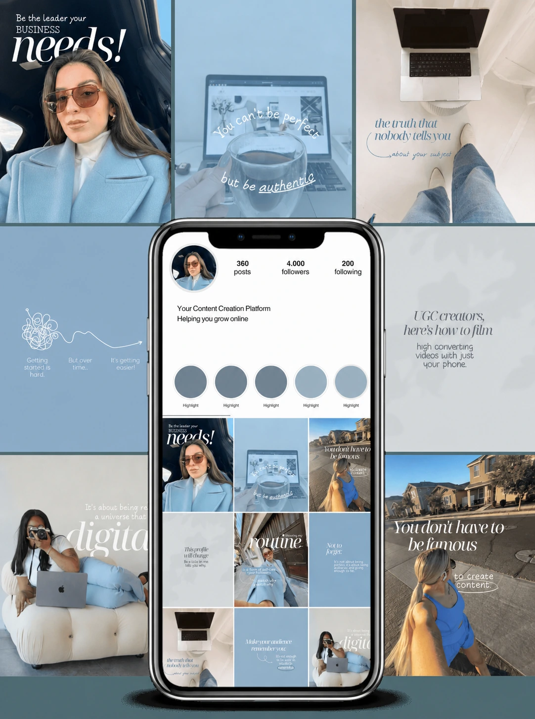 Colección de plantillas para creadoras de contenido, con fotografías de mujeres y detalles azules.