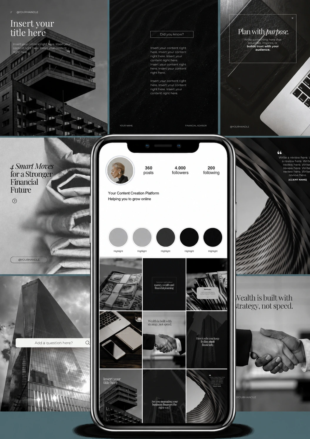 Colección de plantillas para negocios y finanzas, con arquitectura y fotografías en blanco y negro.