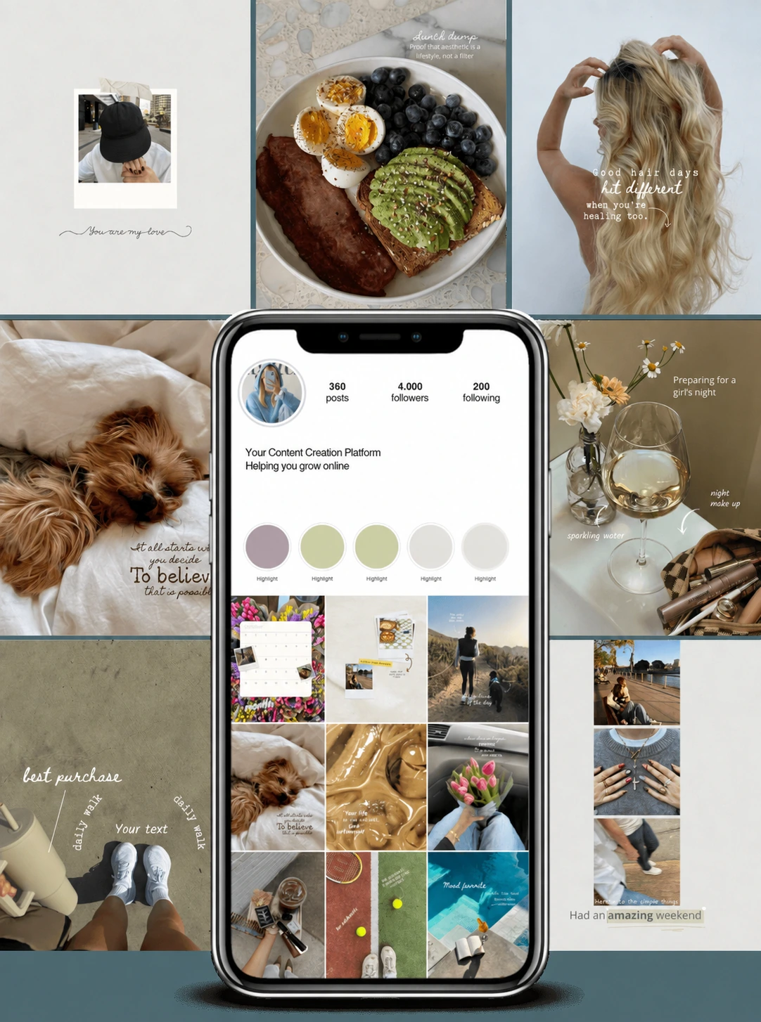 Colección de publicaciones con frases de autocuidado, café, flores, rutina y momentos sencillos en un feed de Instagram.