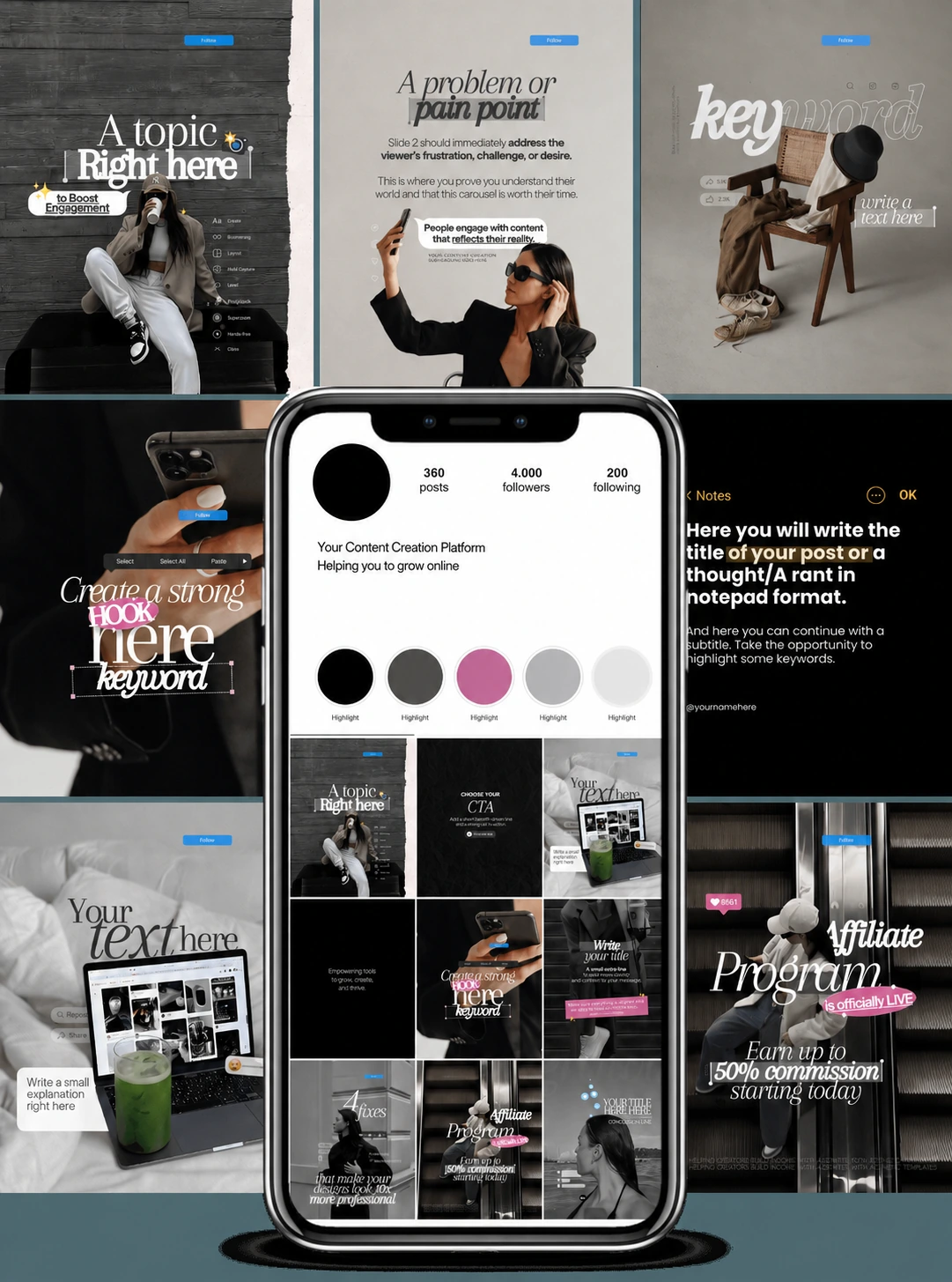 Colección de plantillas de publicaciones para Instagram, en negro, gris y rosa, con titulares y consejos de contenido.