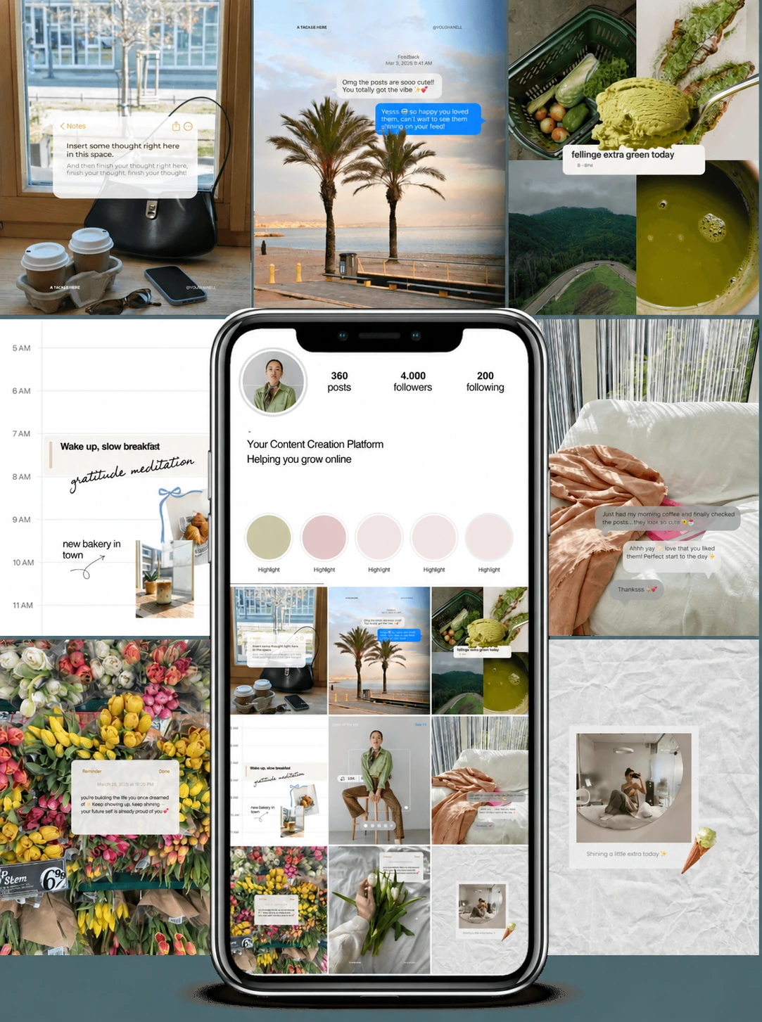 Plantillas de publicaciones con rutina, café, flores, agenda, recordatorios y mensajes para Instagram.