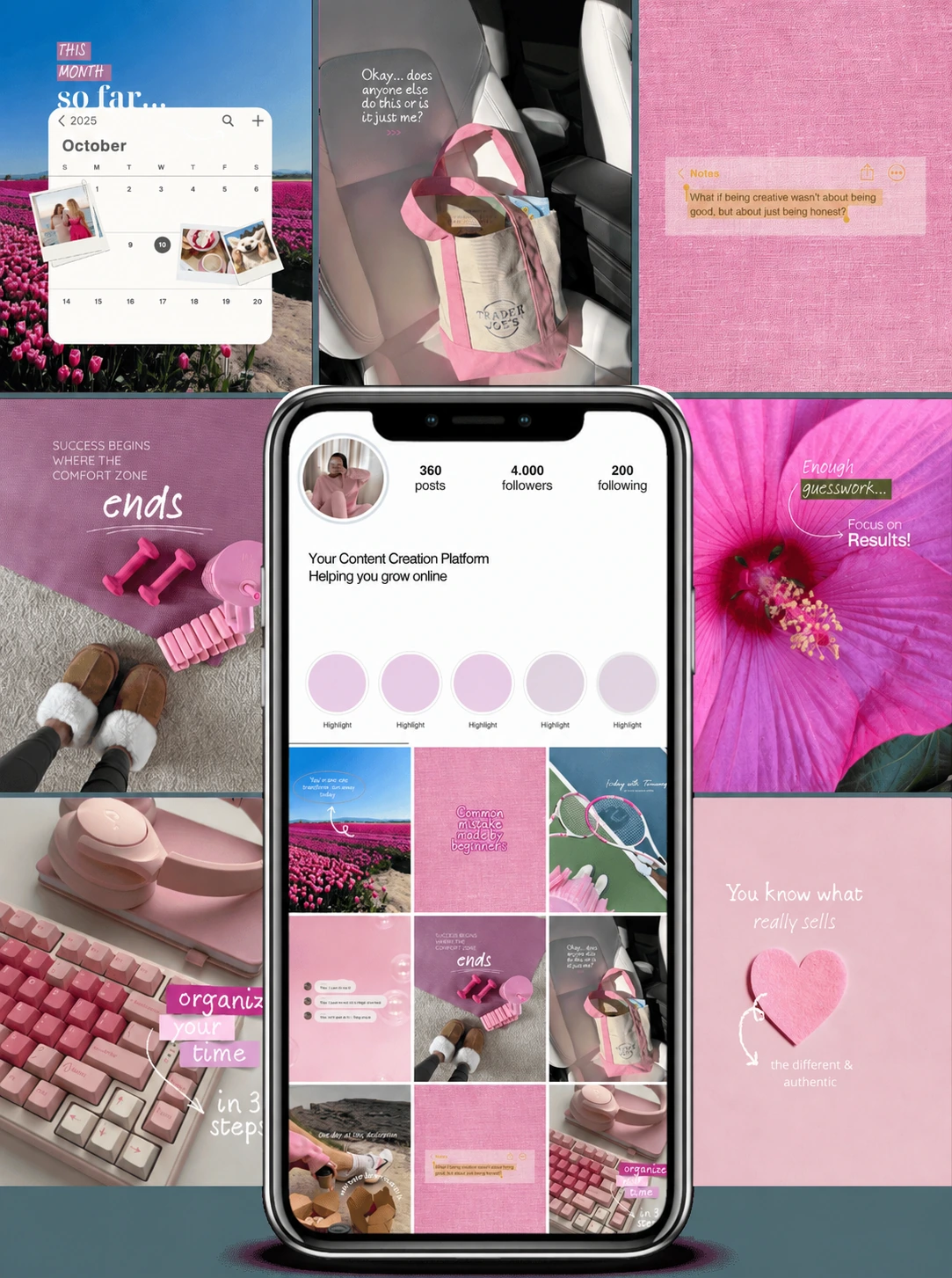 Colección de publicaciones en tonos rosa, con rutina, organización del tiempo, creatividad y mensajes de motivación.