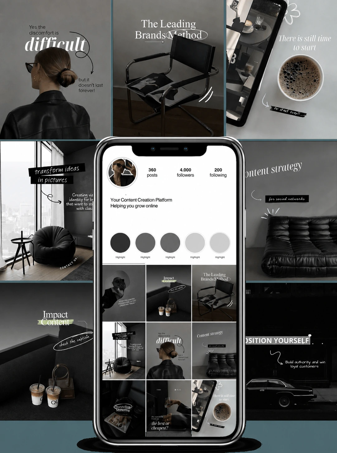 Colección de publicaciones en tonos grises y negros sobre identidad visual, estrategia de contenido y posicionamiento de marca.