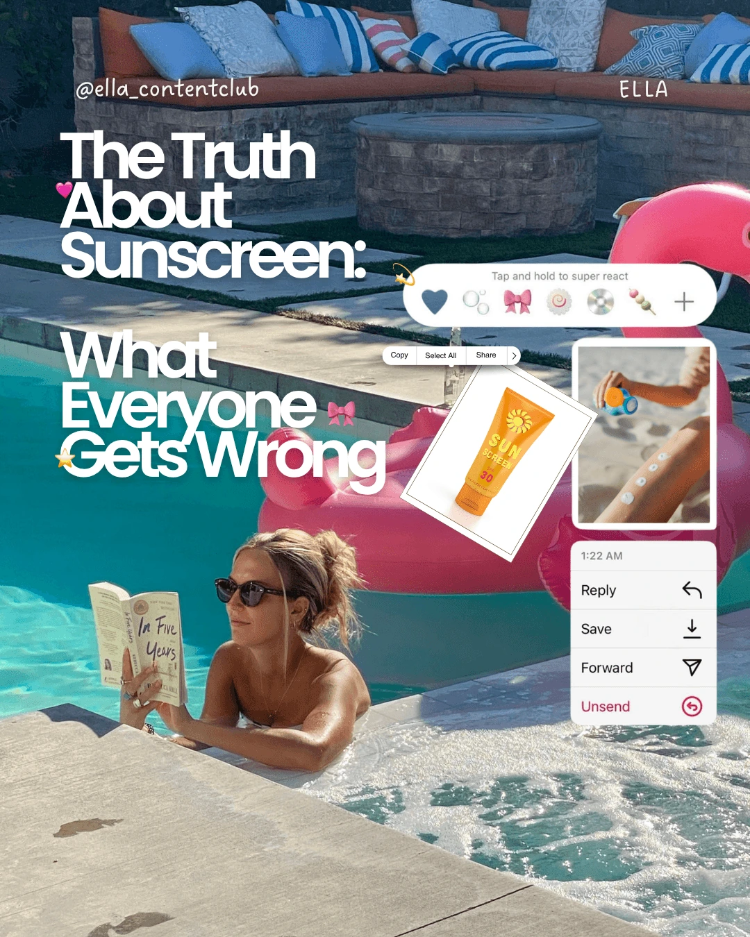 Plantilla sobre protector solar, con una mujer leyendo en la piscina y ejemplos de aplicación del producto.