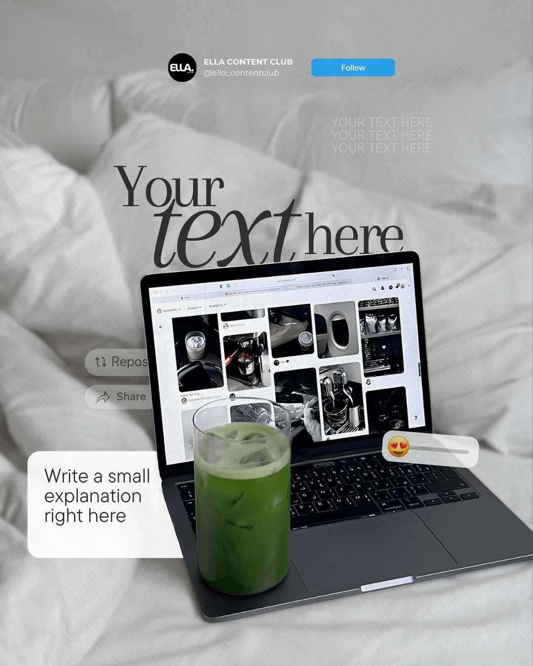Plantilla con espacios para título y explicación, un portátil con referencias visuales y un vaso de matcha.